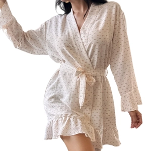 Floral seersucker cotton bathrobe with ruffle hem and waist tie for minimalist loungewear