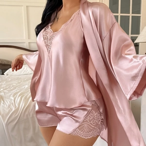 Women Sexy Satin Sleepwear Lace Trim Cami Shorts And Robe Nightwear Elegant Solid Color Loungewear For Ladies