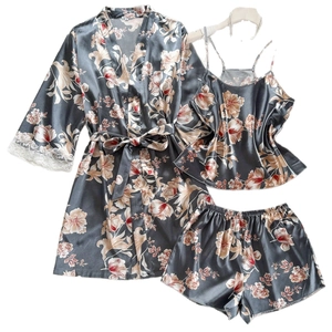 Damen 3-teiliges Satin-Pyjama-Set mit Blumendruck, Spitzensaum und blauem Bademantel