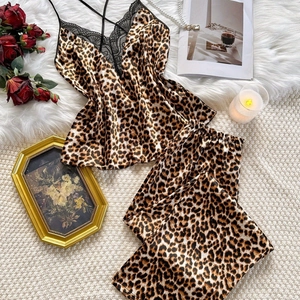 Women Sexy Leopard Print Satin Top And Bottom Lace Trim Spaghetti Strap Crossover Back Sleepwear Loungewear Nightwear