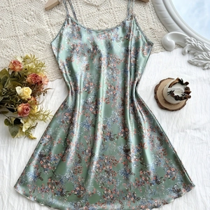Women French Vintage Sage Green Floral Satin Slip Nightdress V-Neck Spaghetti Strap Sleeveless Summer Short Sleepwear Mini Dress