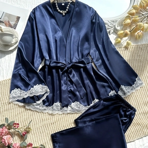 Women's Navy Blue Satin Pajama Set Long Sleeve Robe And Pants Lace Trim Sleepwear Top And Bottom Comfortable Home Wear