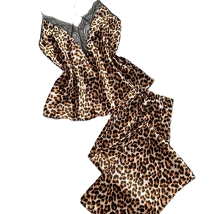 Women's two-piece leopard print pajama set with lace trim camisole and satin trousers