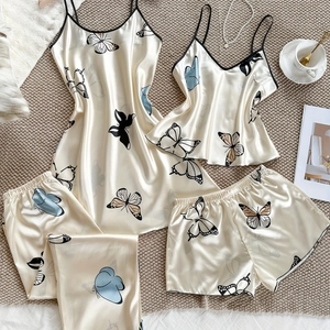 Pyjama En Satin Imprimé Papillon Camisole Et Chemise De Nuit Et Short Et Pantalon Long Femmes Vêtements De Détente Décontractés