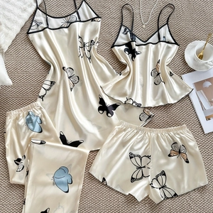 Ensemble pyjama 4 pièces en satin de soie pour femmes avec imprimé papillon et liserés
