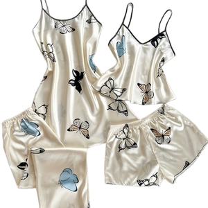 Ensemble pyjama 5 pièces en satin de soie avec imprimés papillons et bordures dentelle