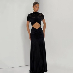 Sexy Avondjurk Voor Dames Met Uitsnijding Geplooid Opstaande Kraag Mesh Zeemeermin Maxi Jurk Voor Feest Banket Formeel