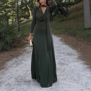 Elegant Cowl Neck Ruched Maxi Dress For Women Solid Color Long Sleeve Slim Fit Draping Banquet Evening Party Long Dress