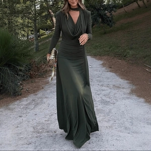 Elegant dark green cowl neck maxi dress with slim fit ruched waist and long sleeves