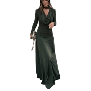 Sexy dark green cowl neck maxi dress with waist pleats and elegant draped skirt