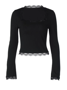 Top a maniche lunghe nero attillato con scollo quadrato e rifiniture in pizzo fine