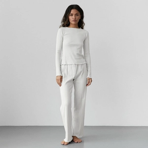 Women Casual Heart Jacquard Pajama Set Long Sleeve Top And Bottom Ribbed Knit Pointelle Loungewear Home Wear