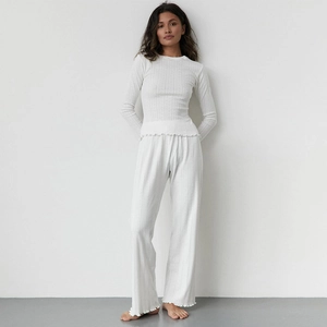 Women's white knitted heart jacquard pajama set with long sleeves and wide-leg trousers
