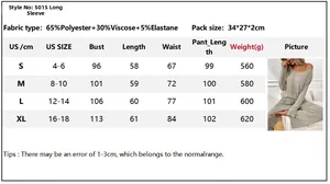 Size chart showing ribbed loungewear set dimensions including bust, waist, and pant length