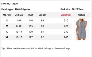 Size chart for striped short sleeve cotton linen shirt dress with detailed measurements