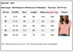 Detailed size chart for women summer V-neck T-shirt with measurements in cm and inches