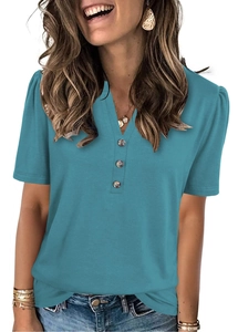 Detail of teal women's V-neck t-shirt with three-button closure and ribbed knit texture