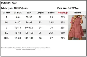 Size chart for women's casual dress with dimensions for S to XXL in 100% polyester