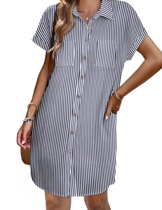 Detailed view of dark blue striped cotton linen shirt dress with buttons and pockets