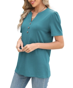 Detail view of teal V-neck T-shirt showing wooden buttons and soft knit texture