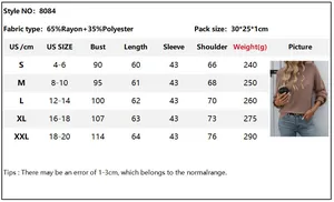 Size chart for casual long sleeve ribbed T-shirt with fabric details and measurements