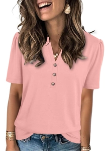 Detail of pink V-neck top showing amber buttons and knit texture for casual style