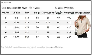 Detailed size chart for half-zip sweatshirt showing US sizes S to XXL in cm measurements