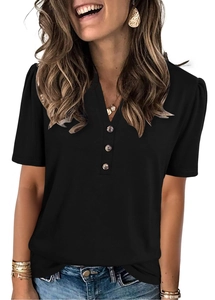 Detail of black Henley V-neck top showing the texture and wood-style buttons