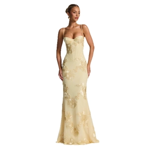 Elegante gele zeemeermin avondjurk met 3D geborduurde bloemen en dunne bandjes