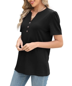 Detail of women's black Henley T-shirt featuring a V-neckline with three brown buttons