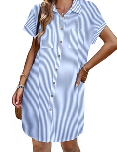 Detail view of the striped cotton linen shirt dress with roll-up sleeves and chest pockets