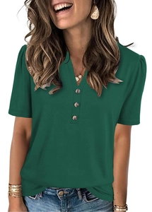 Detail of dark green Henley V-neck top with puff sleeves and decorative brown buttons
