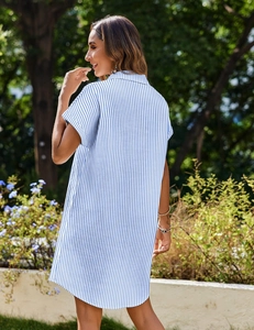 Side view of short sleeve striped linen dress with fresh blue and white stripes for summer