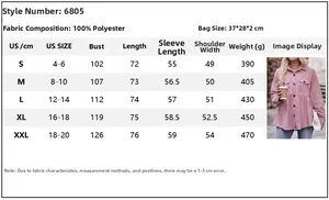 Size guide for corduroy babydoll shirt showing US sizes, bust, and length measurements