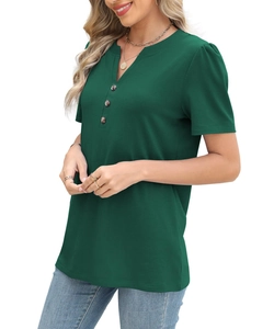 Detail view of V-neckline with decorative buttons on a dark green short sleeve T-shirt