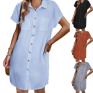Women Casual Striped Short Sleeve Shirt Dress Button Down Midi Dress With Pockets Summer Vacation Loose Fit Polyester Sundress