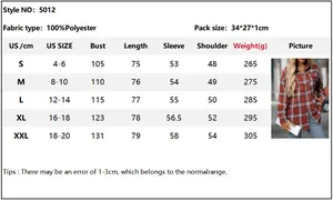 Detailed size chart for women's plaid pocket shirt with bust and length measurements