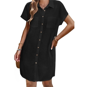 Women's black short sleeve cotton linen shirt dress with lapel collar and twin pockets