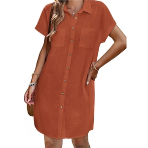 Women's summer short sleeve striped cotton linen shirt dress in brick red casual style