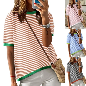 Suéter de Punto a Rayas para Mujer Manga Corta Ribete de Contraste Cuello Redondo Pulóver Casual Punto Top de Verano