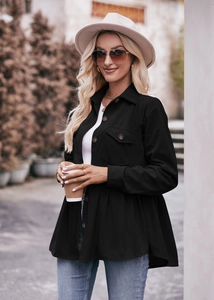 Detail of black corduroy babydoll jacket with pleated hem and classic button-up collar