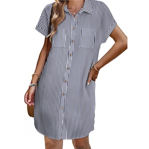 Women's blue striped short sleeve shirt dress with collar and double chest pockets