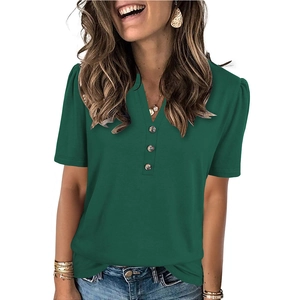 Women's V-neck dark green short sleeve T-shirt with button details and puff sleeves