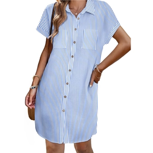 Vertical blue and white striped short sleeve cotton shirt dress with lapel and wood buttons