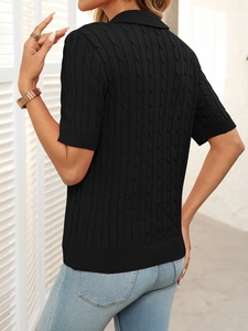 Rear view of black cable-knit short sleeve polo sweater with lapel collar for women