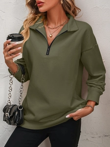Olive green half-zip fleece sweatshirt with ribbed cuffs and drop shoulder detail