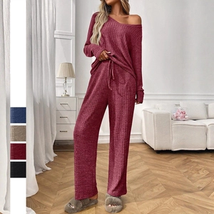 Women Ribbed Knit Pajama Top And Bottom Casual Long Sleeve V-Neck Sleepwear Loungewear Ribbed Soft Knitwear Home Suit