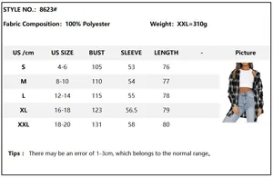 Size chart for women's plaid flannel shirt with US sizes and measurement details