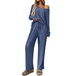 Women's two-piece ribbed knit loungewear set with off-shoulder top and drawstring wide pants