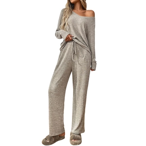 Women's 2-piece ribbed knit lounge set featuring long sleeve V-neck top and wide-leg pants